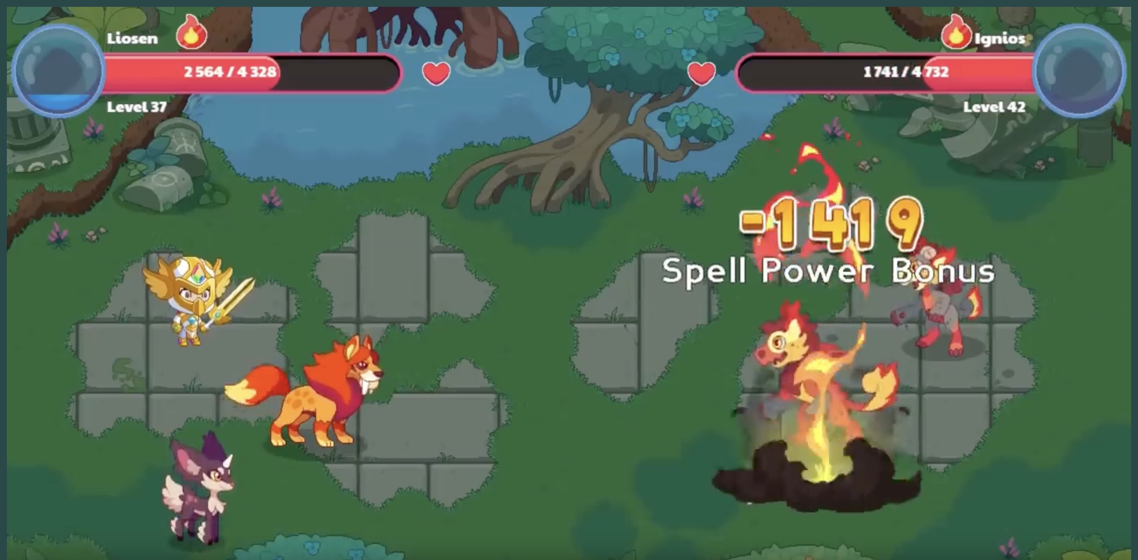 Battle scene from a math learning app showing two creatures fighting with a 'Spell Power Bonus -1419' damage indicator.