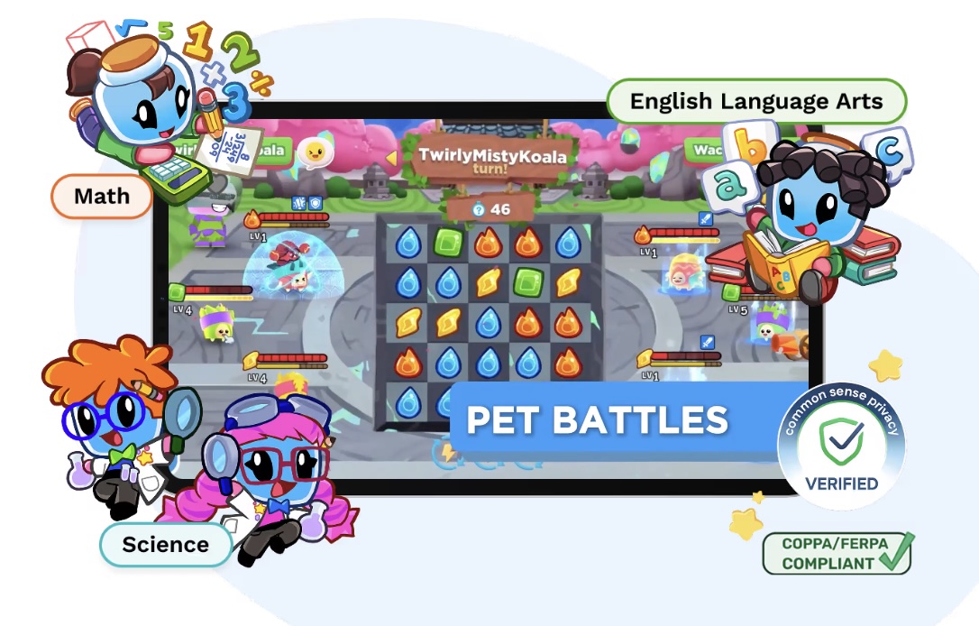 Marketing image for a math learning app showing 'PET BATTLES' across Math, English Language Arts, and Science subjects, with 'Common Sense Privacy Verified' and 'COPPA/FERPA Compliant' badges.