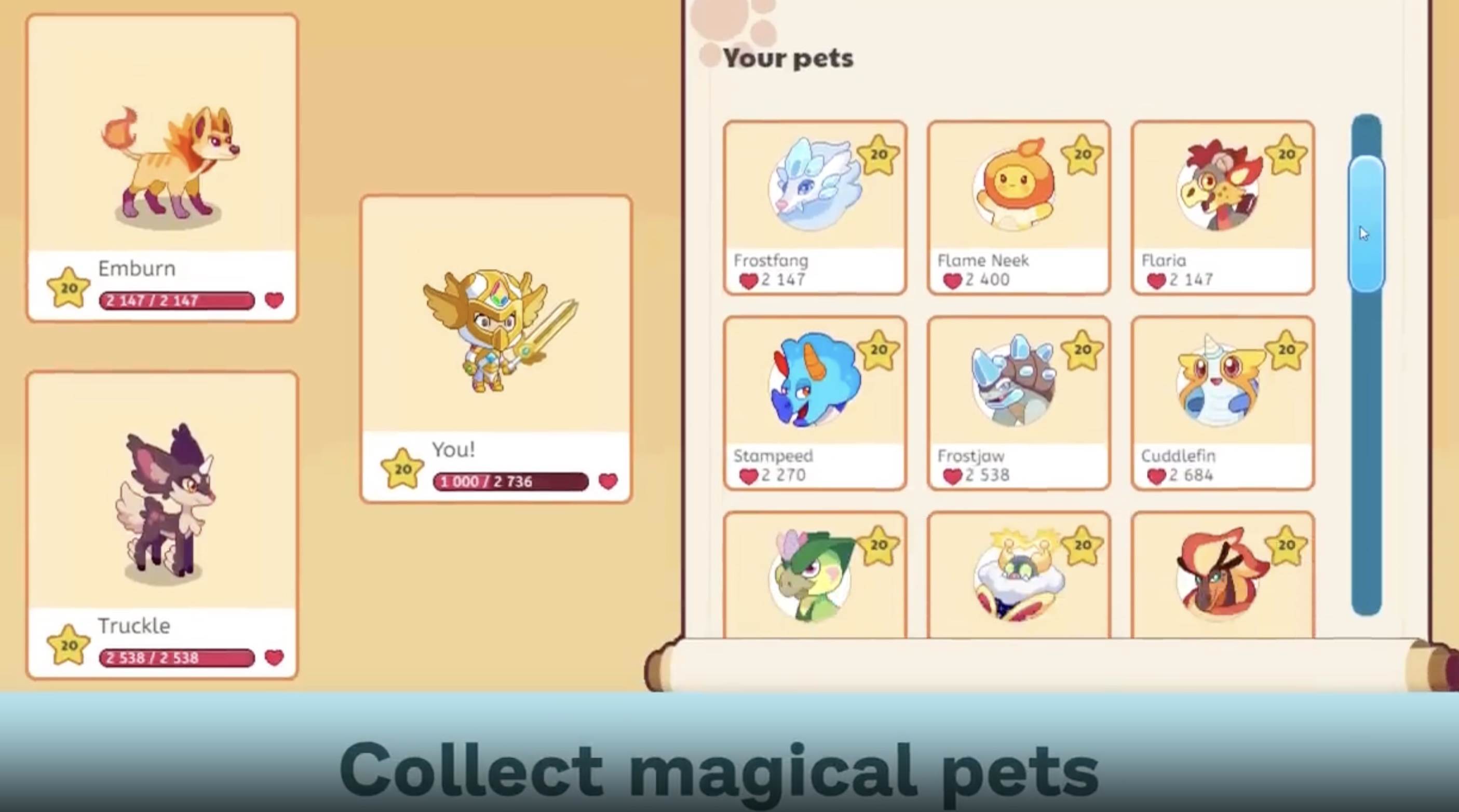 Pet collection screen from a math learning app showing characters like Emburn, Frostfang, and Flame Neek with level-20 stars and heart-point totals.